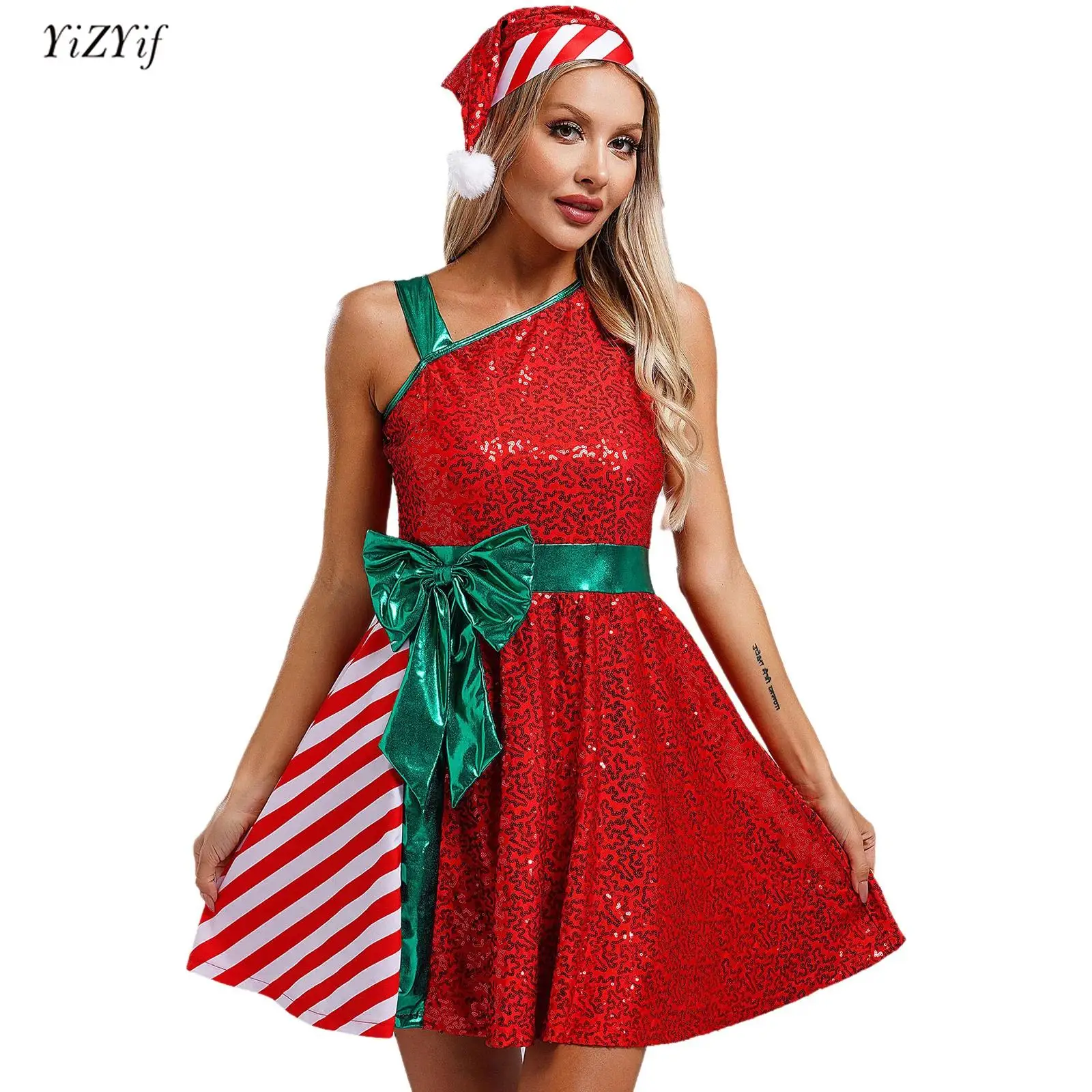 

Women Christmas Dress Santa Claus Cosplay Costume Sleeveless Sequins Stripes Dress and Santa Hat Set Xmas Party Dress up Costume
