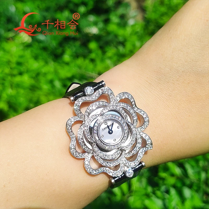 automatic movement 34mm flower white Moissanite  pearl  Luxury Watch For women mechanical Wristwatch  Jewelry Watch