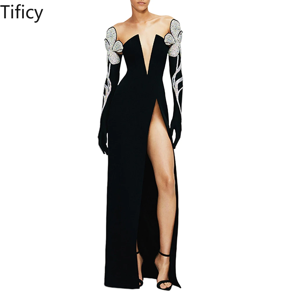 

TIFICY Women's New Deep V Off The Shoulder Long Sleeve Hot Diamond Design Sensory Sexy Dress Tight Wrap Hip Short Dress