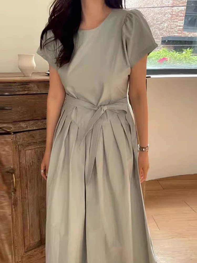 فستان صيفي أنيق بأكمام قصيرة وخصر ملفوف للتخسيس مطوي في اتجاهين وزر واحد أنيق للنساء بخصر عالٍ على الطراز الكوري #4