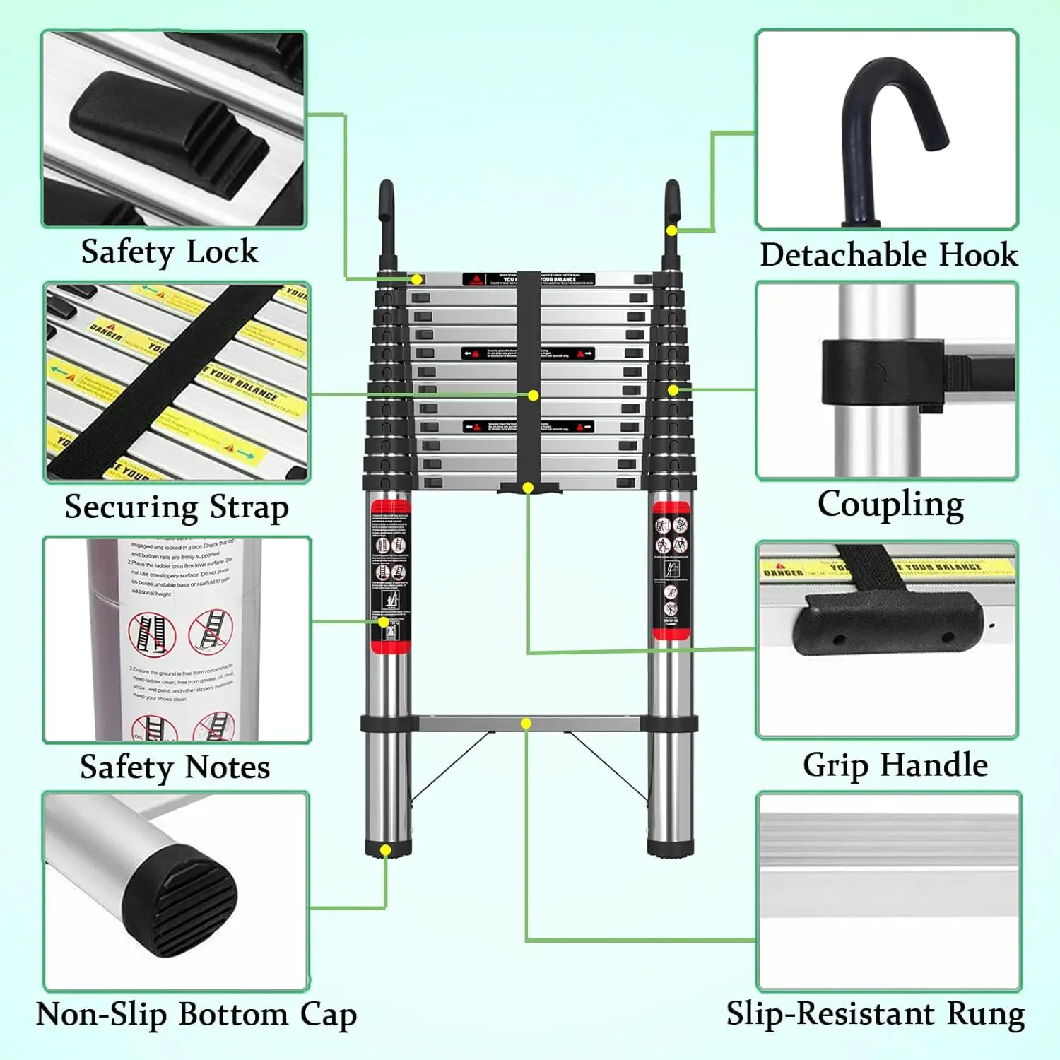 Scala telescopica da 5 m con ganci Scala telescopica multiuso in acciaio inossidabile da 16,5 piedi Scala a soppalco robusta portatile allungabile
