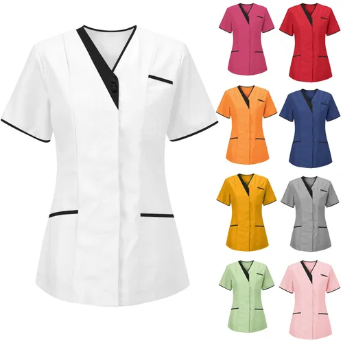 Imagen 2 del producto Uniformes médicos para mujer, Túnica de manga corta con cuello en V, Tops, uniformes quirúrgicos de enfermería, ropa de trabajo para el cuidado de la salud, blusa