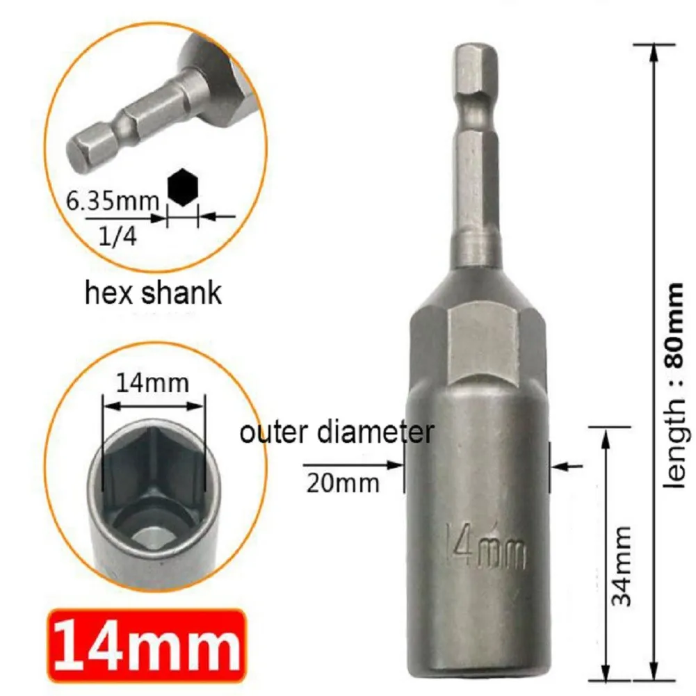 1pc 80mm Length 1/4inch Hex Hex Sockets 5.5-19mm Drive Magne Socket Im-pact Nut Bolt Drill Bits Power Drill Screw Driver Sleeve