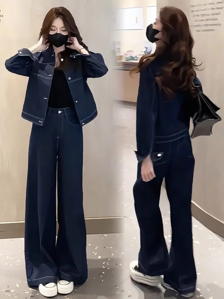 

Faionable Denim Set Women's ort Coat Wide Leg Pants Two-Piece Suit Spring 2025 Sli Age-Defng Trendy Casual Wear