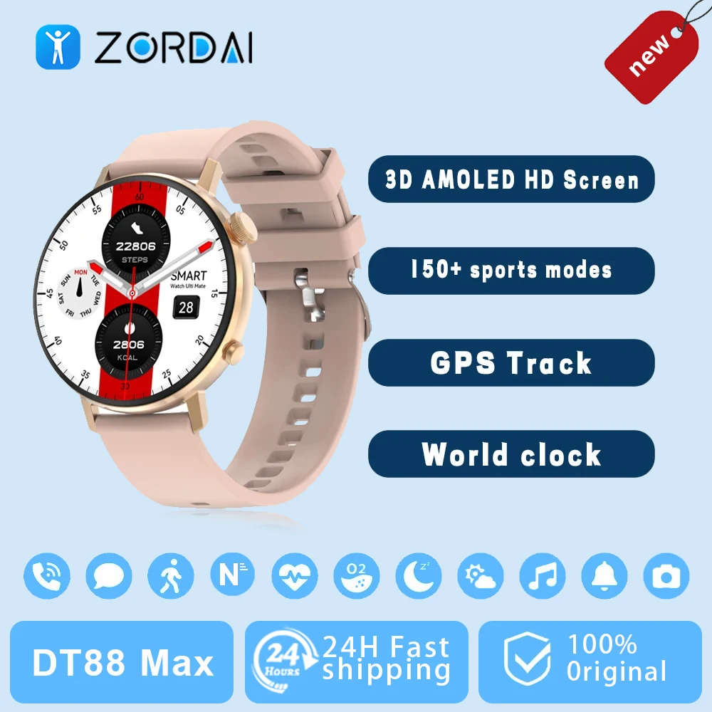 

Zordai DT88 MAX Women Smart Watch AMOLED Heart Rate GPS Sport Ftiness Watches Ip68 Waterproof NFC AI Voice BT Call Smartwatch