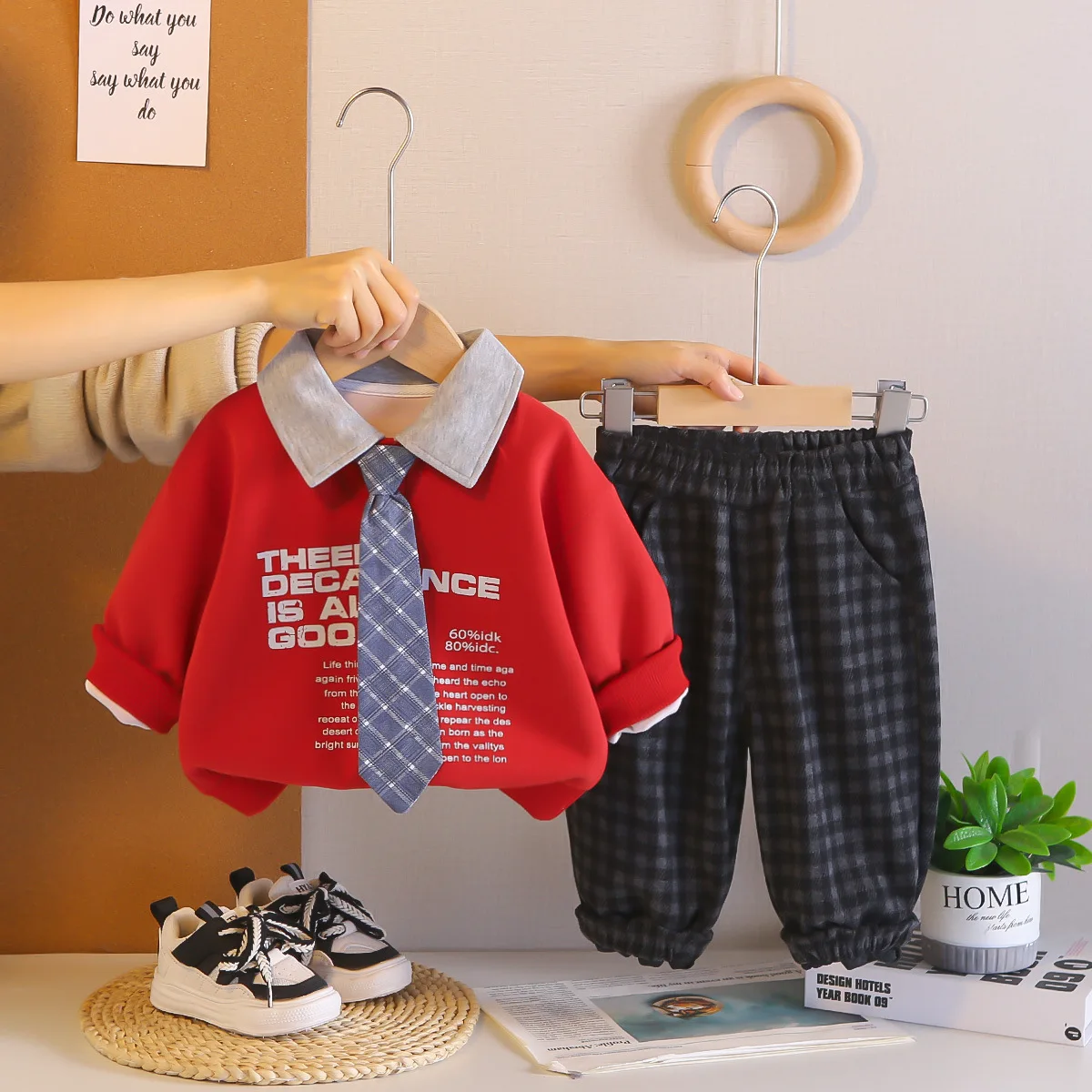 Baby Boys Spring Autumn Clothing Toddler Boys Letter Print Fake Collar Sweatshirt + Pants 2 Piece Set Kids Preppy Style Outfits