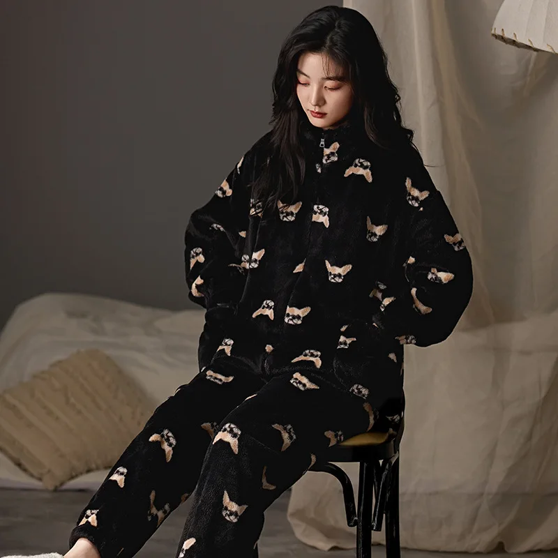 Pajamas Women Winter Coral Velvet Thickened Warm Leisure Fleece Homewear Set Warm Soft