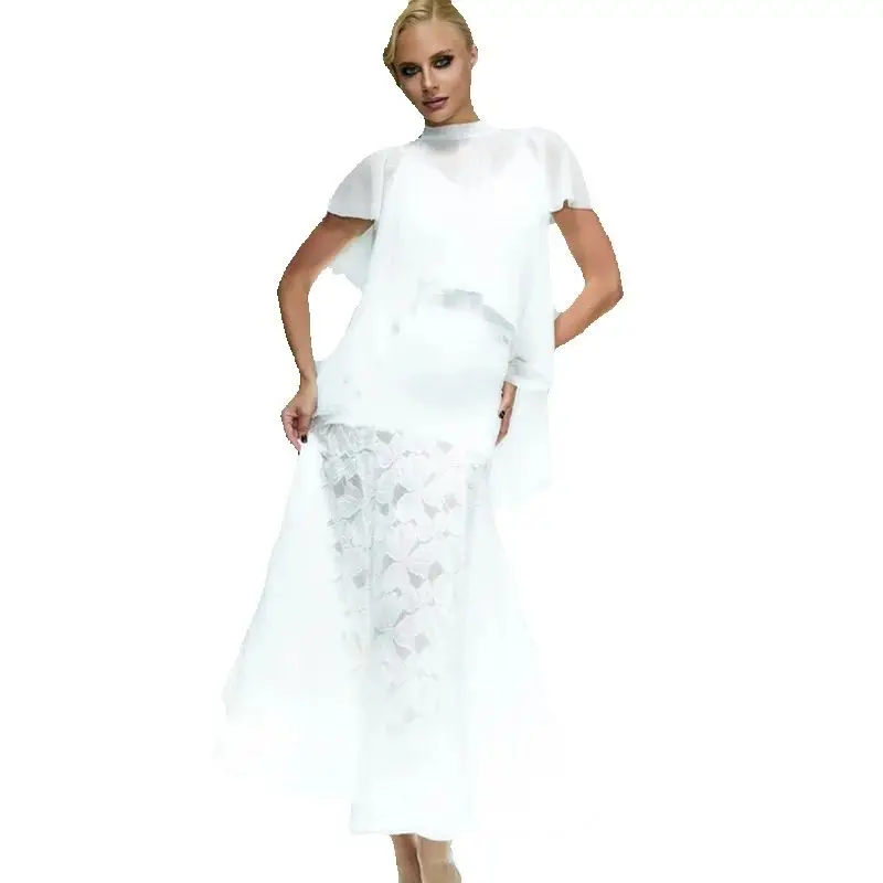 Volwassenen Latin Dansvoorstelling Kostuums Wit Onregelmatige Top Kanten Rokken Dames Rumba Ballroom Danswedstrijd Slijtage SL13439