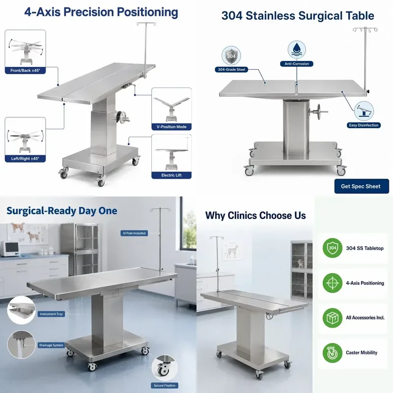 for 304 Stainless Steel Electric Low Noise Adjustable Veterinary Operating Table with Heat Sterilization for Animal Clinics