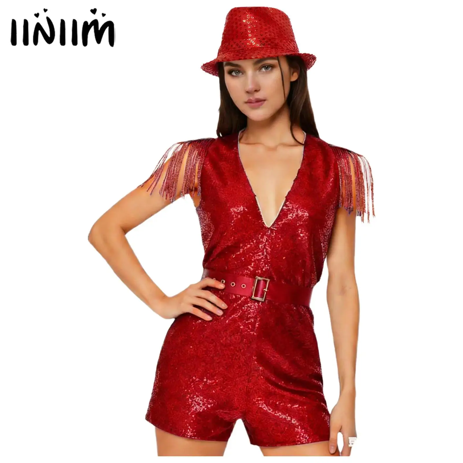 

Женский костюм для выступлений в стиле диско, хип-хоп, джаз, комбинезон с V-образным вырезом, пайетками, бахромой, поясом и шляпой, клубная одежда для рейвов