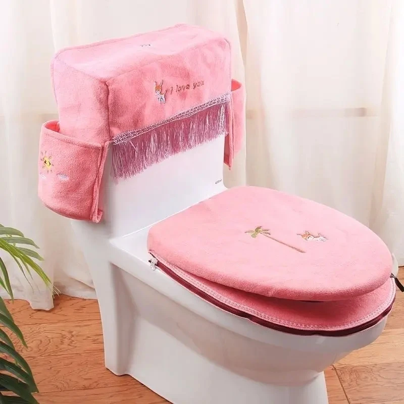 Four Seasons Universal Toilet Seat Pads Set Cartoon Embroidery Home Toilet Ring Cover Toilet Tank Dust Cover With Storage Pocket