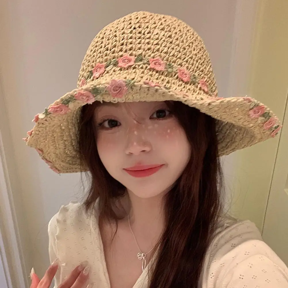 Wide Brim Sun Hat Stylish Women's Straw Hat with Hollow Out Fake Flower Decor Anti-uv Sun Protection Good for Outdoor