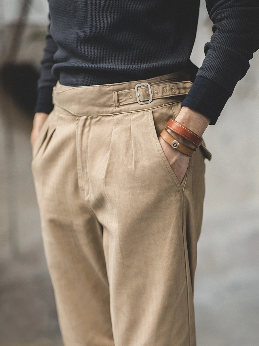 

Maden High Waist Straight Leg Men's Workwear Pants Double Pleat Neapolitan Sle Casual Trousers Spring Season Khaki Color