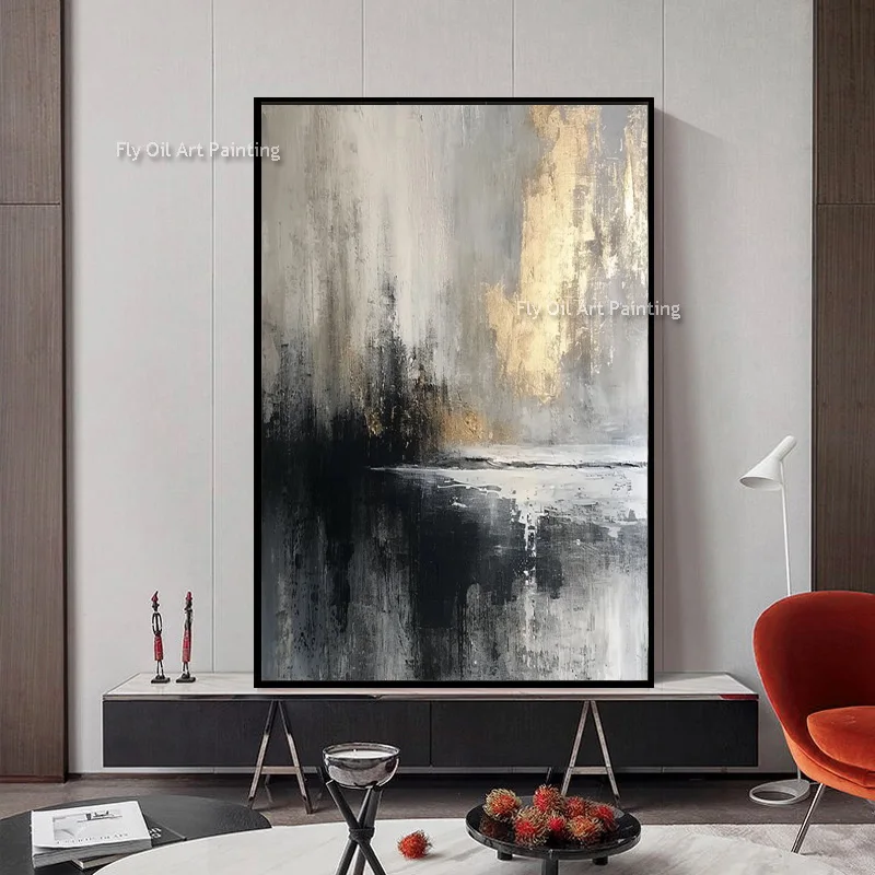 Hand Made Black And Grey Simple Popular Wall Art On Canvas Original Simplism Beige Black Oil Painting For Room Hall Decor
