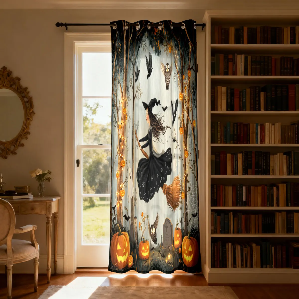1PC Halloween Witch Pumpkin Ghost Forest Print Single Loop Curtain For Living Room Bedroom Door Window Home Decor
