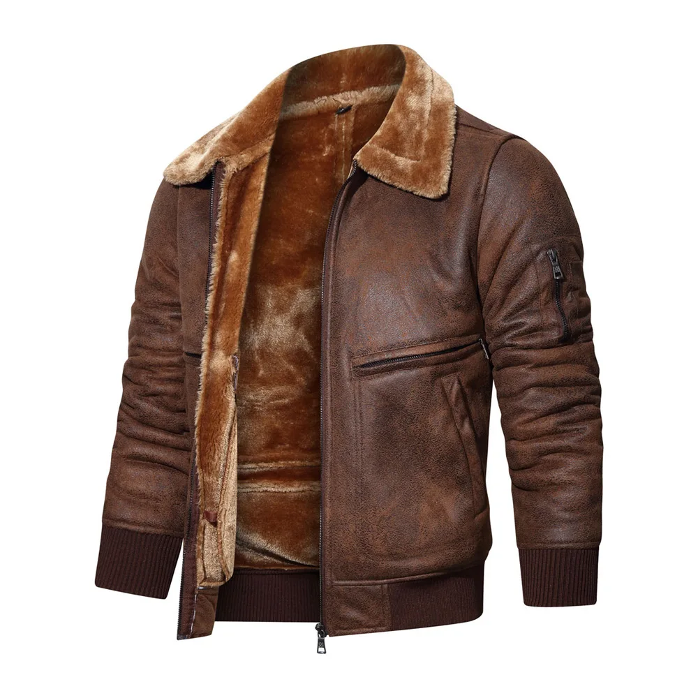 Winter Men's Faux Leather Fur All in One Jacket Fur Collar Fleece Thick Warm Leather Coat Multi Pocket Leather Overcoat Male