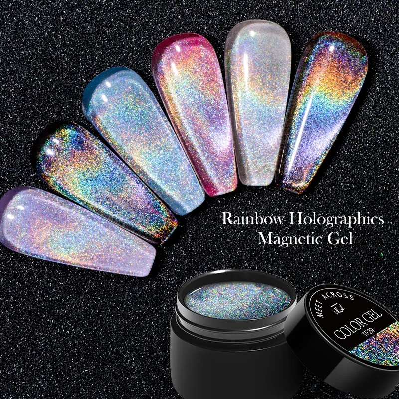 MEET ACROSS-esmalte de uñas de Gel magnético holográfico arcoíris, barniz artístico UV semipermanente holográfico con luz plateada brillante