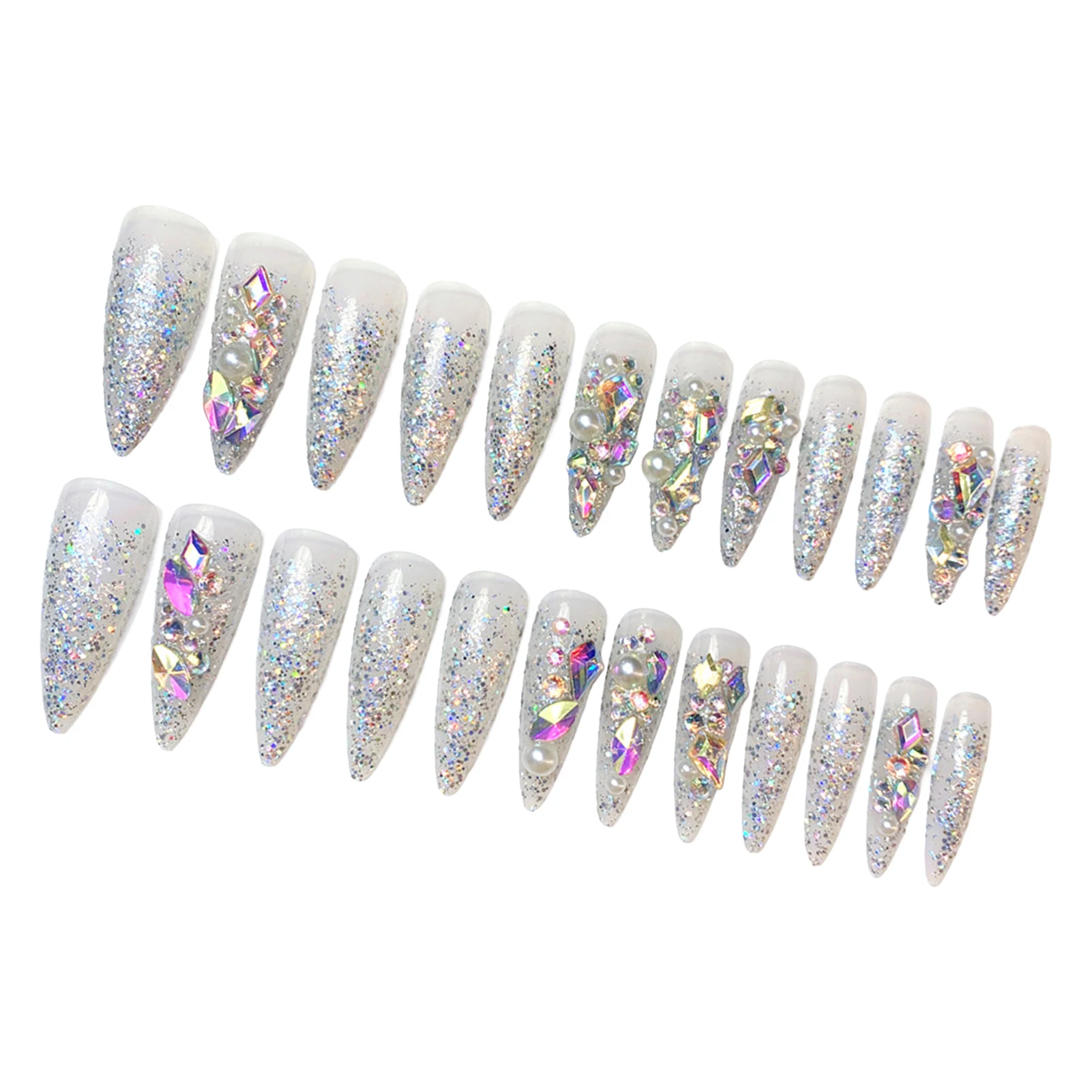 24 Stück Glitzernde Strass-Press-On-Nägel, luxuriöse, glänzende Pailletten-Designs, künstliche Nägel, lange Stiletto-Nägel, Braut-Hochzeits-Kunstnägel – Detail 2
