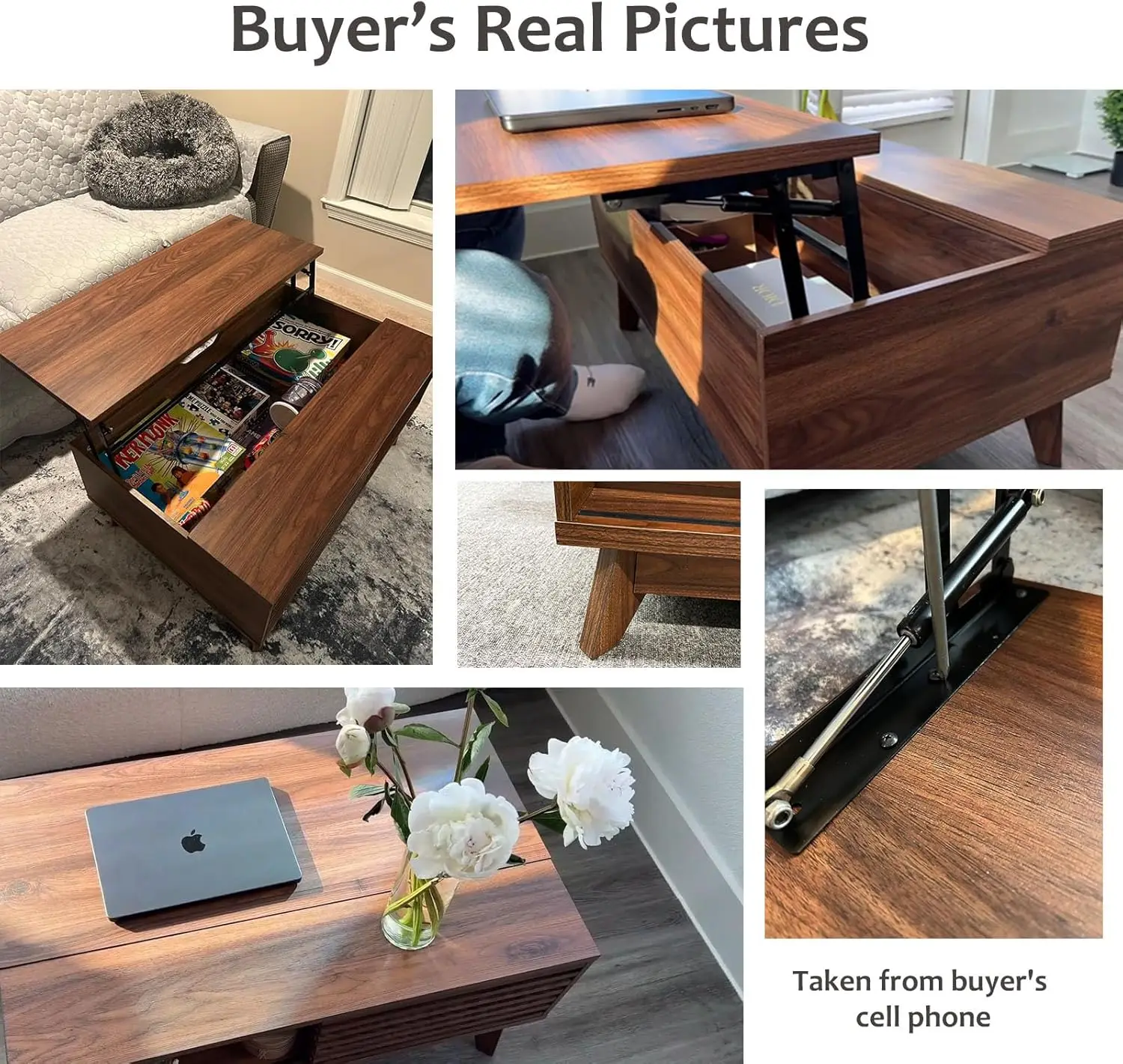 Mesa de centro moderna marrón de mediados de siglo de 35,4 pulgadas - Mesa estriada rectangular con tapa elevable y puerta corrediza para valla