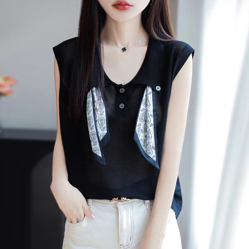 High End 100% Lyocell Short Sleeved POLO Collar Tshirt, Summer Fashion, Lapel Scarf, Knitted Sleeveless Vest, pullover Loose Top