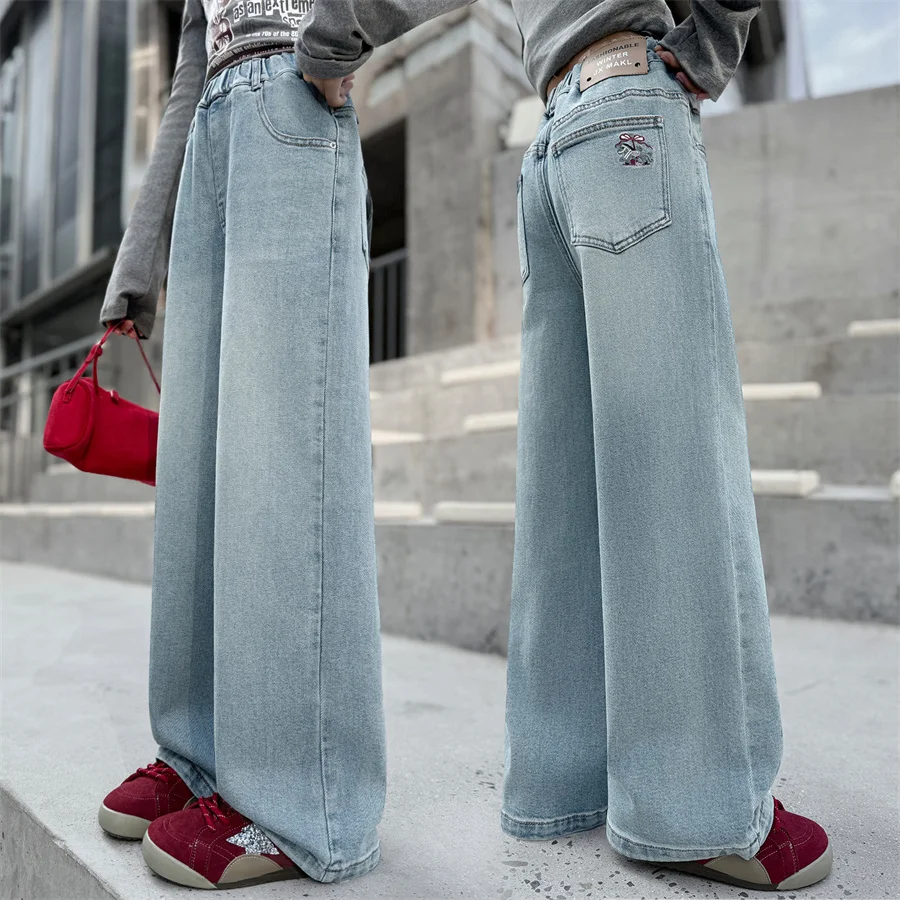 

Classic Design Kids Girls Fashion Straight Cut Jeans Elegant Children Light Blue Color Denim Pants Casual Trousers 5 6 8 10 12 Y