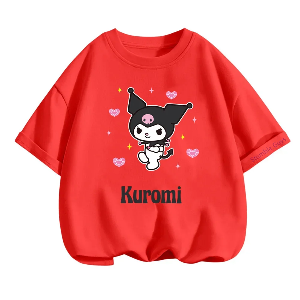 

Футболка Sanrio Kawaii Kuromi для повседневной носки, от 3 до 14 лет, детская летняя повседневная одежда в стиле аниме для мальчиков и девочек