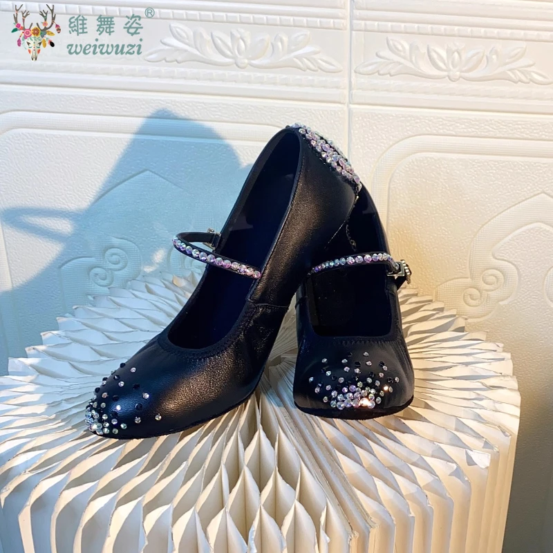 Latin Dance Heel Diamond Schuhe für Damen Senior AB Stones Walzer Social Dance Schuhe Mädchen Moder Ballsaal Latein Schwarz Pool Schuhe