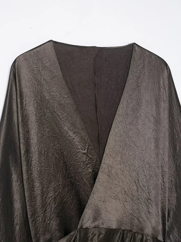 Sukienka Jenny&Dave, elegancka, plisowana, w stylu francuskim, prosta, satynowa, z marszczeniem w talii, midi, na imprezę, z dekoltem w serek, vestidos, sukienki damskie, długa sukienka