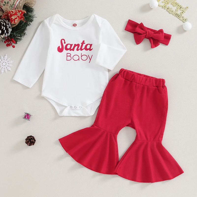 

Baby Girl Christmas Outfits Letter Print Crew Neck Long Sleeve Rompers Solid Color Flare Pants Headband 3Pcs Fall Clothes Set