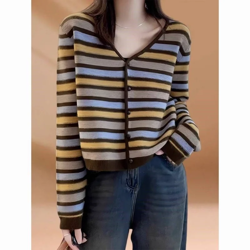 

V-neck Sweater Long-sleeved Striped Single-breasted Fashionable Sweet Jacket Casual Contrast Top