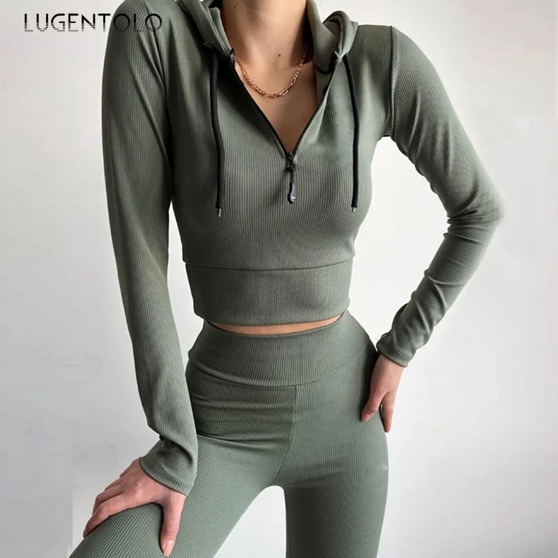 

Women Hoodie Two-piece Set Fashion Zip-up Knitted Sports Tops Yoga Fitness High Waist Pants Everyday Slim Fit Jogging Clothing