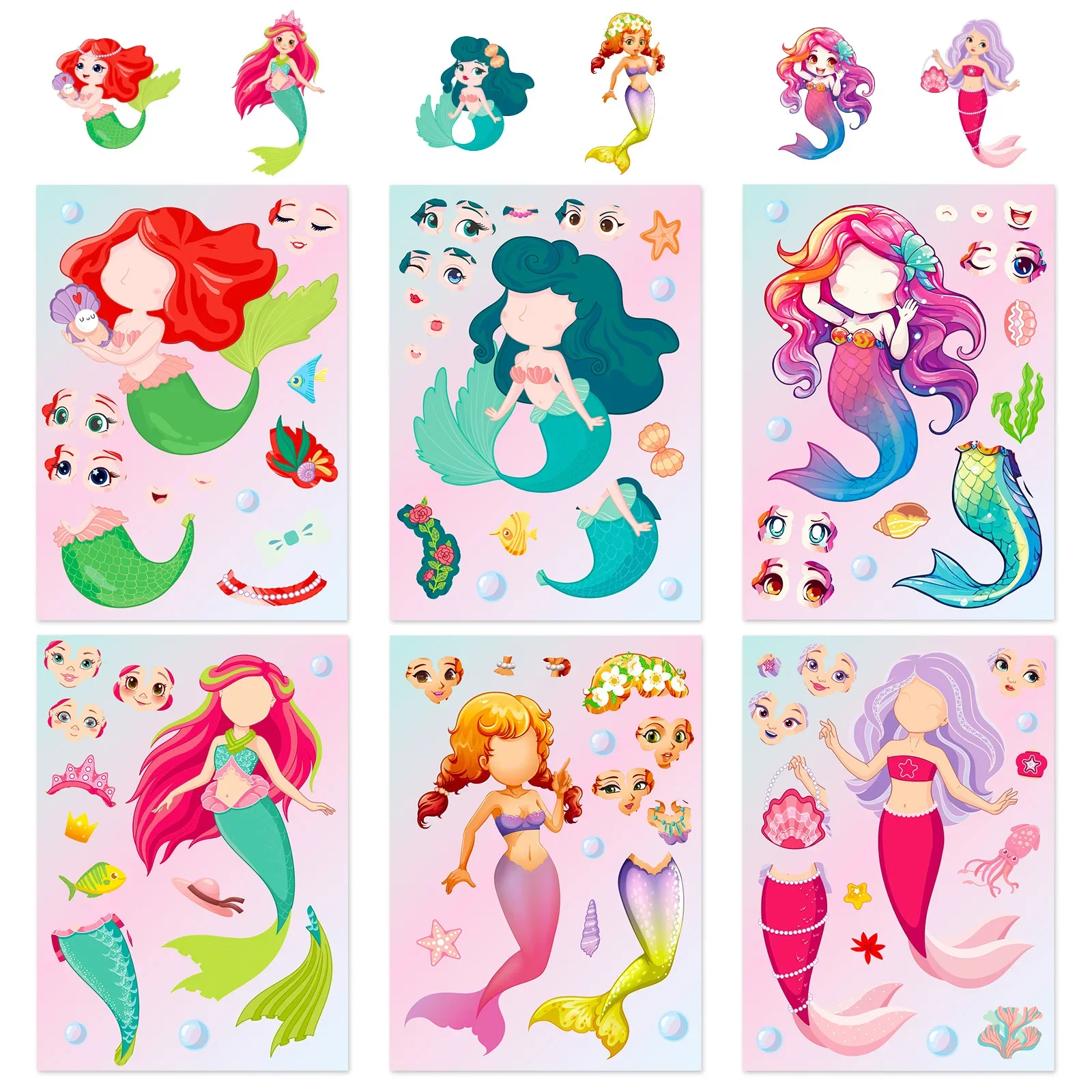 6Pcs Mermaid Face Changer Sticker Princess Cartoon Parent-Child Interactive Puzzle Hand Account DIY Puzzle Sticker Hand Account