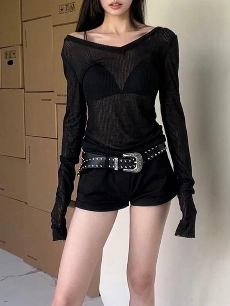 Frauen Langarm T Shirt Dünne Perspektive Sommer Feste Dünne Casual Shirts Weibliche Pullover Grundlegende T Y2k Kleidung Streetwear Top – Detail 12