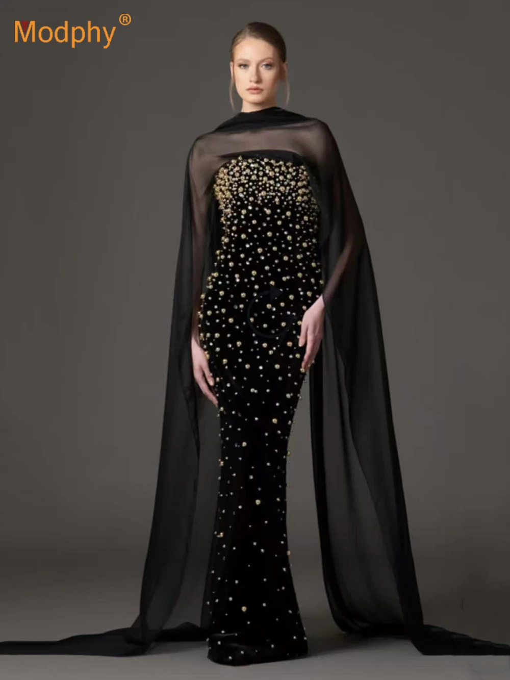 Modphy Abito aderente con fasciatura lunga con perline di lusso con sciarpa in rete 2025 Abiti da sera eleganti da sera per celebrità sexy senza spalline da donna