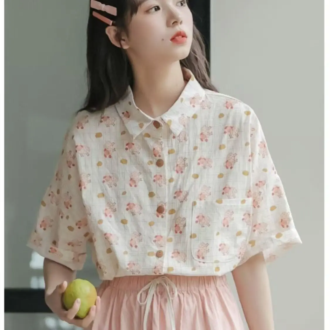 Japonês dos desenhos animados impresso moda coreana manga curta camisas soltas mulheres casual lapela botão acima camisas verão blusas mujer 2025