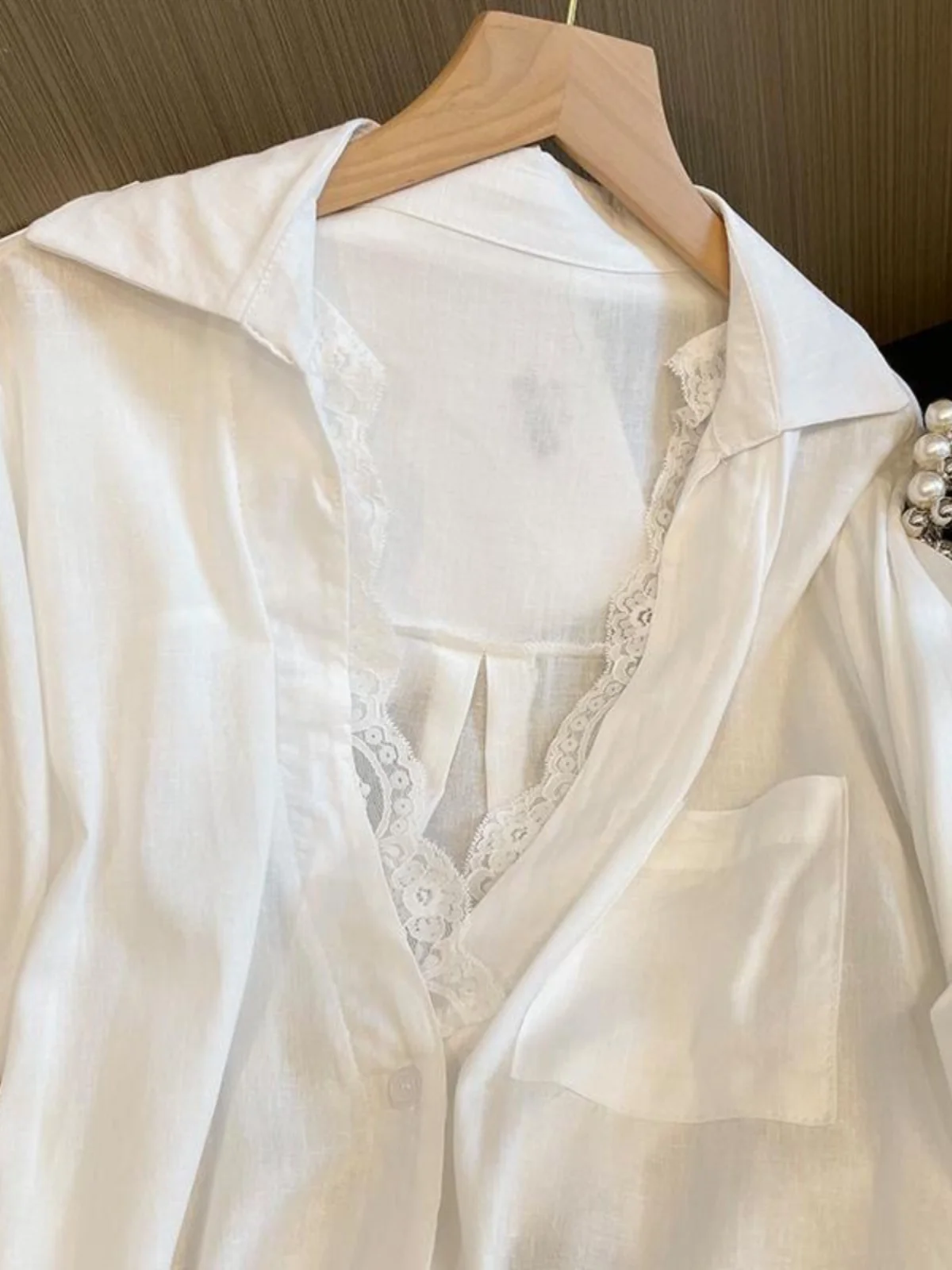 

Ele White Lace Splice Long Sve Loose irt Women's Suiting Top Simple Design High-End Feeling for Autumn Season