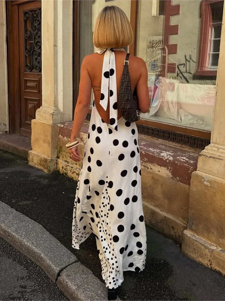 Elegant Women Dress Summer Autumn Fashion Simple Polka Dot Sleeveless Cinched Waist Maxi Bodycon Streetwear Soft Vestidos