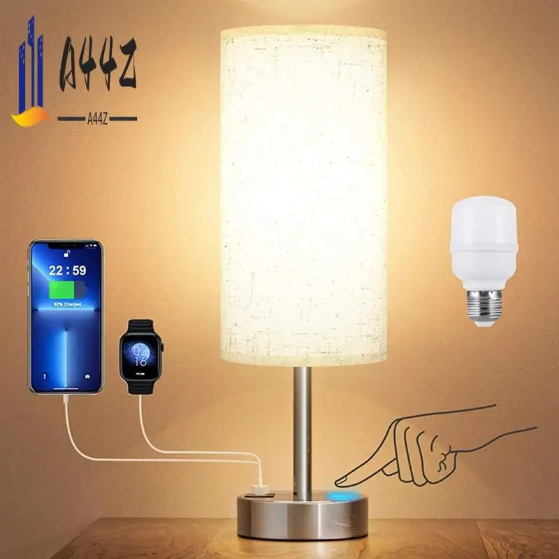 

A44Z-Bedside Table Lamp Touch Control Writing Lamps With USB-C USB-A Charging Port USB Lamp Lampshade Study