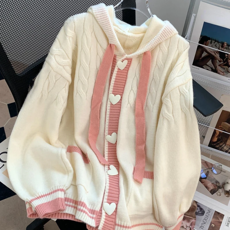 DAYIFUN-Cardigan à Capuche Fileté pour Femme, Pull Beige, Décontracté, Manches sulf, lèvent en Forme de Cœur