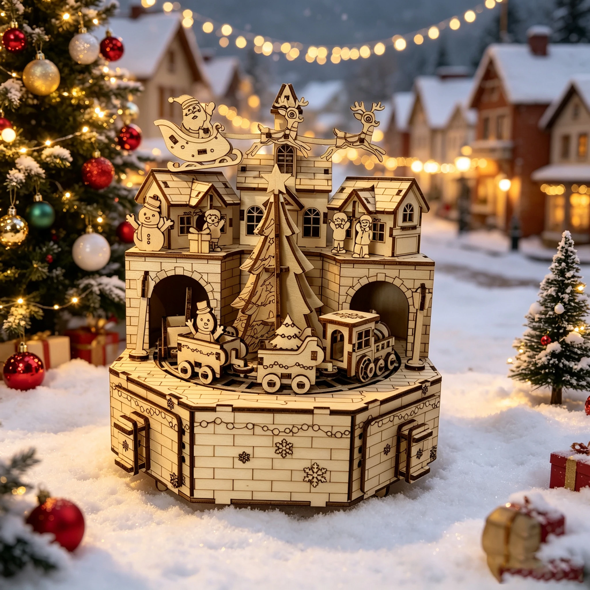 Music Box Wooden 3D Puzzle Rotating - Wooden Christmas Town 3D Puzzle Music