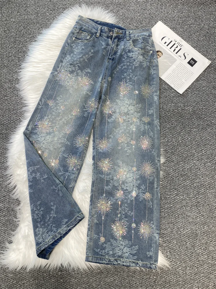 Damskie jeansy na wiosnę i lato z dżetami, szerokie nogawki w stylu high street, luźne spodnie dżinsowe w nowym żakardowym wzorze, amerykański szyk.