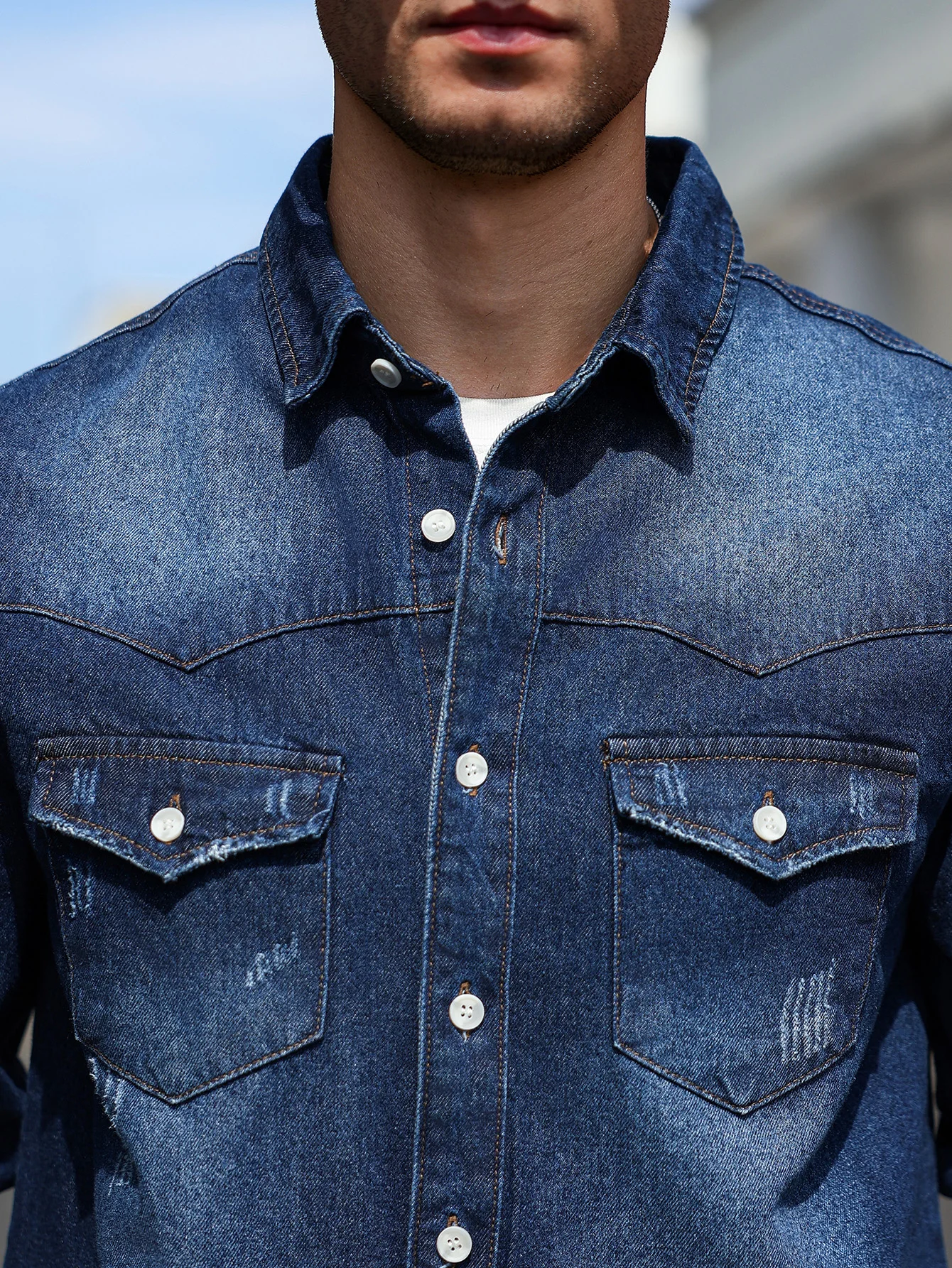 Men's dark blue distressed western-style denim shirt jacket, casual button-front layering streetwear top view 6