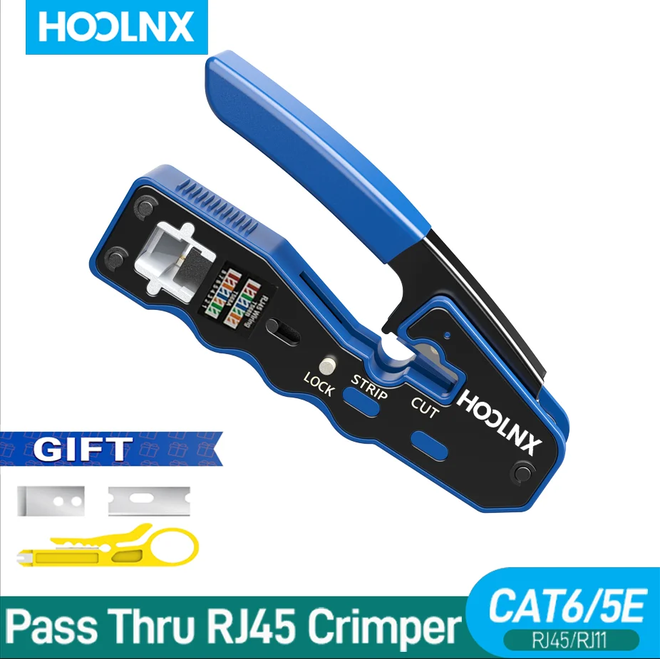 Hoolnx RJ45 Crimping Tool Pass Through rj45 Crimper Wire Stripper Cutter For CAT6 CAT5E 8P8C Pass Thru RJ45 Modular Connector