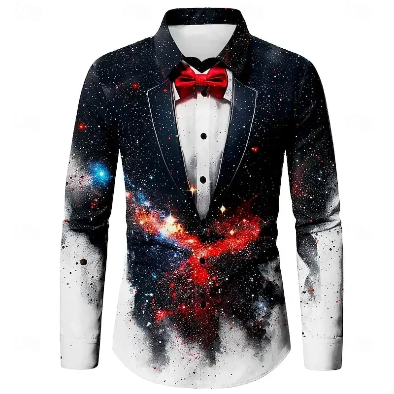 Christmas Men's Christmas Shirt Starry Sky Long Sleeve Shirt Fashion Casual Party Christmas Four Seasons Lapel Men's Shirt