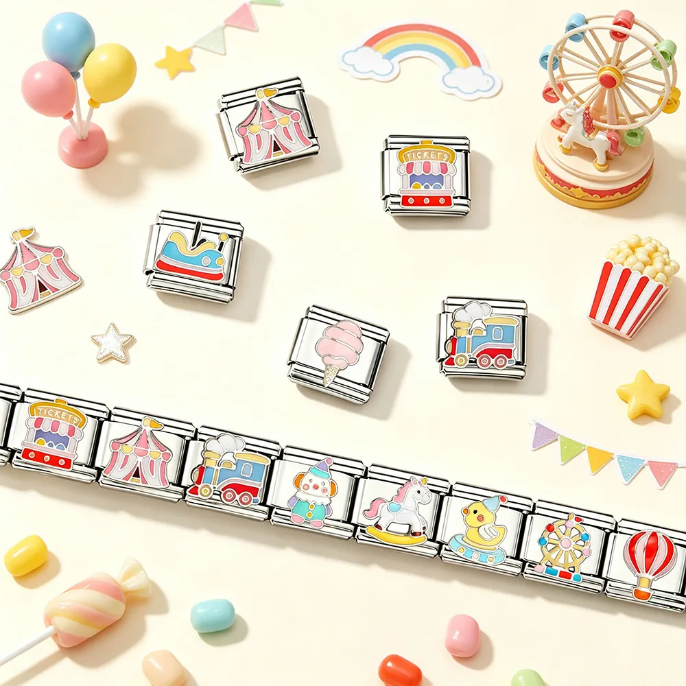 Amusement Park Circus Enamel Italian Charm Links Ferris Wheel Carousel Clown 9mm Stainless Steel Bracelet DIY Making Accessories