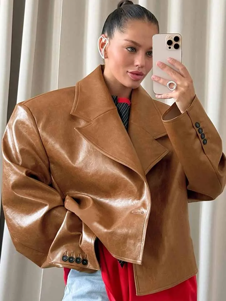 

MCDV Vintage Street Leather Jacket Women 2025 Chic Loose Laple Single Button Pad Shoulder PU Jackets Autumn Winter New Outerwear