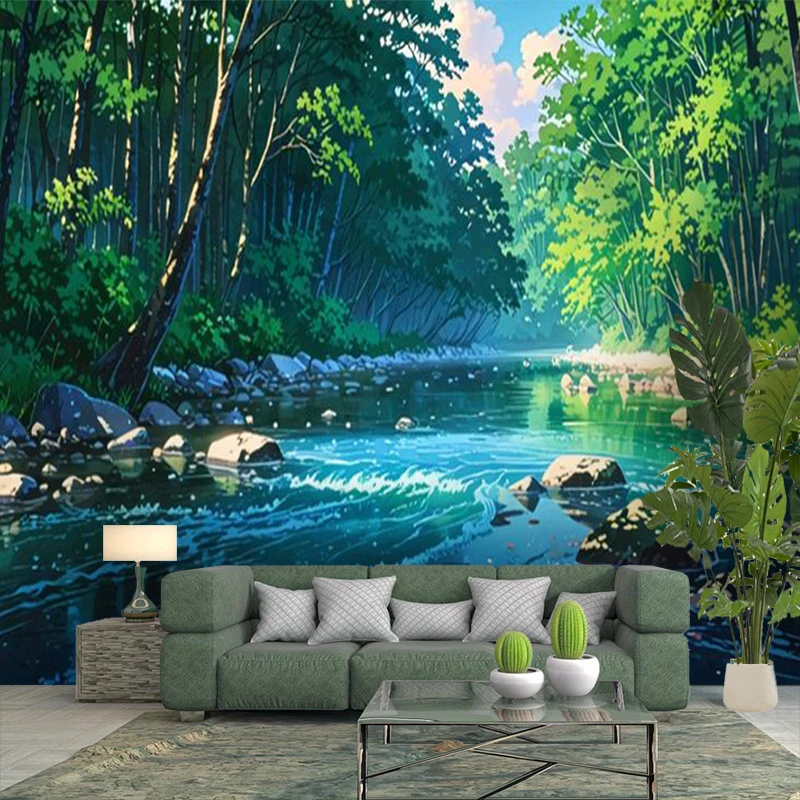1PC Forest River Anime Scenery View Print Backdrop Banner, Bedroom Living Room Photo Background, Polyester, Home Decor, Wall Art