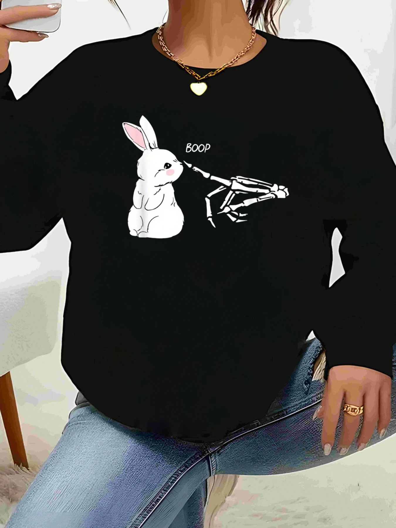 ملابس كاجوال بأكمام طويلة مطبوعة على شكل أرنب وهيكل عظمي للهالوين للنساء