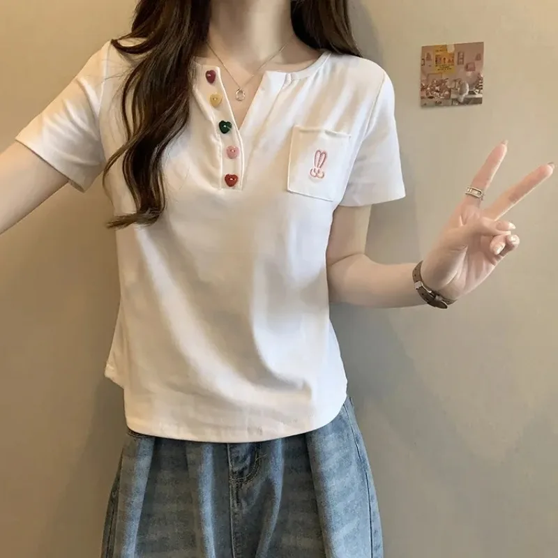 Young Women Summer V-Neck Slim Casual T-Shirt Women Student Slim Short Sleeve Top Girls Sports T-Shirt Ladies Casual Base Shirt