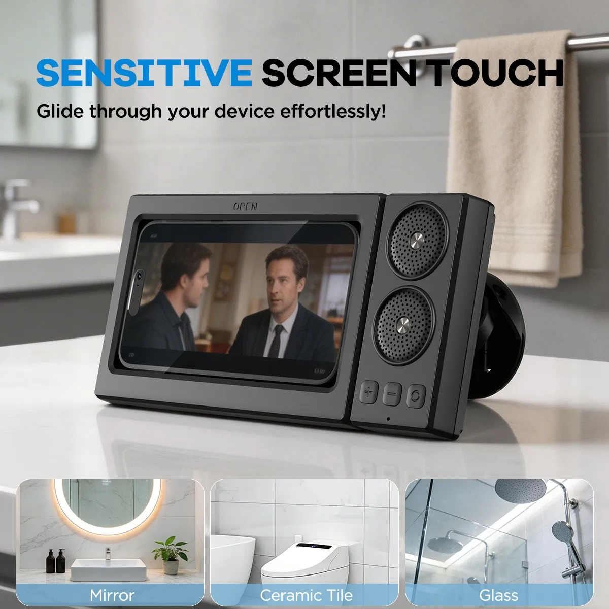 タッチレスポンシブシャワーフォンホルダー、bluetoothスピーカー付き、ipx5防水バスルーム壁掛けケース、ユニバーサル曇り止めクレードル